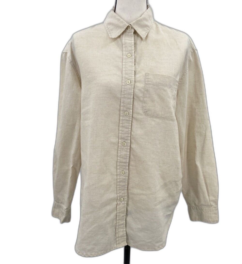 Jones NY Sport 100% Linen Beige Button Up Shirt Womens Size L
